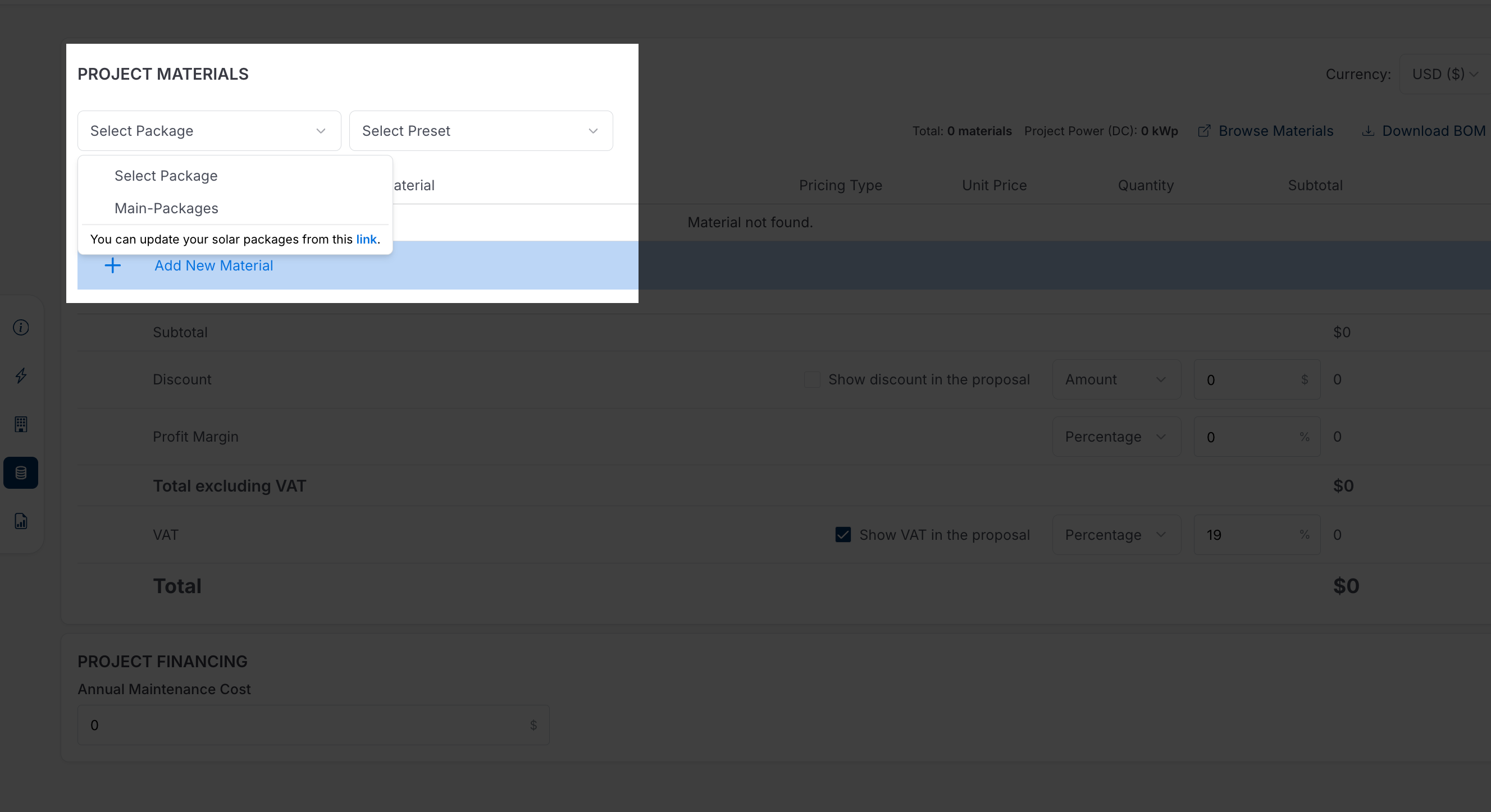 Paketi valik Materjalide nimekirjast